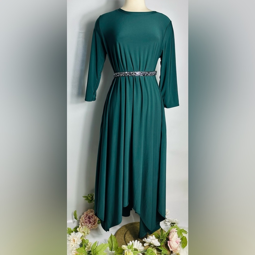 Teal Green Long Sleeve Maxi Dress with Sparkle Waist - Picture 3 of 6